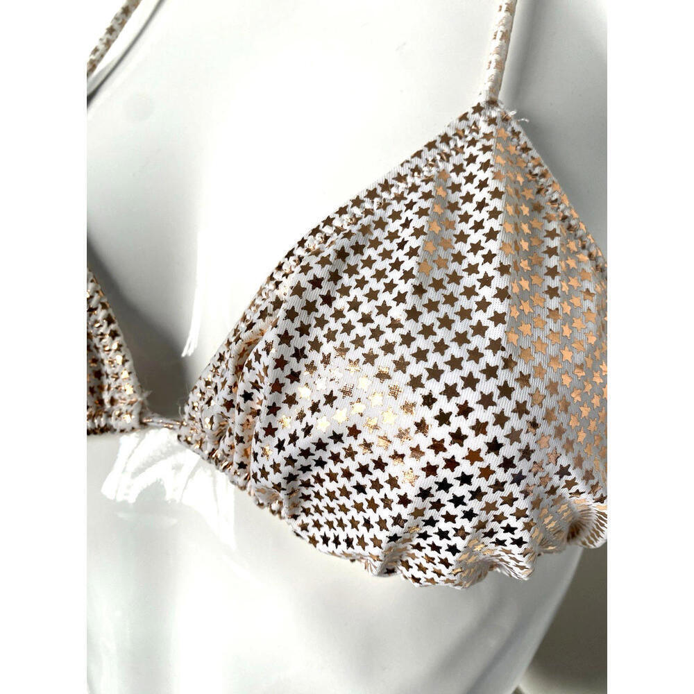 NWOT Agent Provocateur White Gold Stars Shiny Swimsuit  Bikini 2 piece S Small